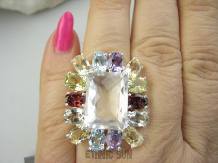 bpee4516 Wooow BOSKO PIĘKNY WIELOBARWNY CZWOROKĄT DUŻY OKAZ 17g !! Regulowany Pierścień Pierścionek naturalny Kryształ Górski, Cytryn, Ametyst, Blue Topaz, Granaty r.14, r.15, r.16, r.17 SREBRO 925 #