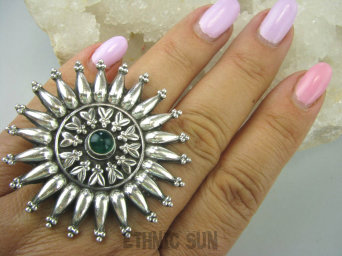 bpe6172 Egzotyczne Słońce !!! Gigant 25 gramów !!! Front 4.8 cm !! Duży Pierścień Zielony Onyks REGULOWANY r.17, r.18, r.19, r.20, r.21, r.22 SREBRO 925 #