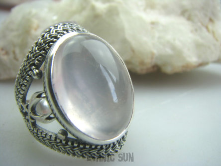 bpe4795 BAŚNIOWY KLEJNOT - Piękny Pierścień Kwarc Różowy - kamień mocnego serca, zdobiona ażurowa obrączka r.22 Srebro 925 #