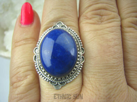 bpe5728 Egzotyczna Piękność !!! Orientalny Piękny Pierścień z królewskim Lapis Lazuli - strażnik prawdy i mądrości r.18 Srebro 925 #