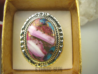 bpe7099 NIEZWYKŁA fioletowo-różowa Wielobarwna Ostryga Pierścień OSTRYGOWY TURKUS MIEDZIANY Turkus OSTRYGA Muszla złota MIEDZ r.17 Srebro 925 #