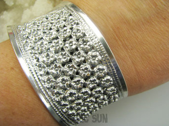 bb3933 CUDO ! SKARB ! Arcydzieło ! SZEROKA 3.7 cm !! 34 g!  Otwarta Ażurowa Bransoleta Bangla Św.Symbol Kwiat  Lotosu Srebro 925 #