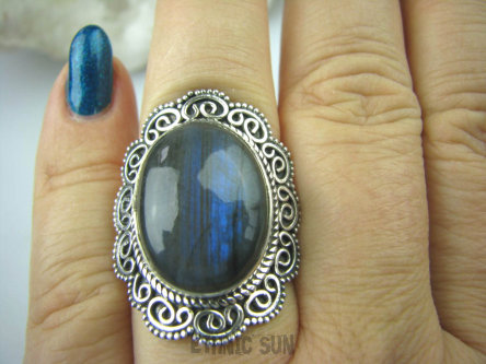 bpe5461 Biżuteria Orientalna !! Duży Pierścień LABRADORYT Spektrolit kamień Zorzy Polarnej w morskich falach r.17 SREBRO 925 #