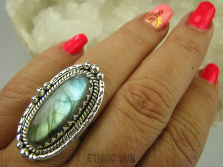 bpe7767 Czarodziejsko Piękny Orientalny Pierścień Złoty Błękitny Labradoryt Spektrolit - kamień Zorzy Polarnej r.19 Srebro 925 #