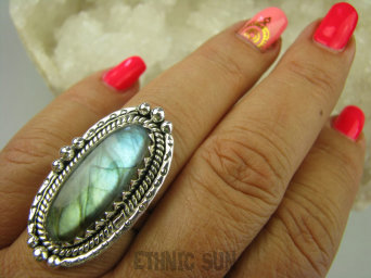 bpe7767 Czarodziejsko Piękny Orientalny Pierścień Złoty Błękitny Labradoryt Spektrolit - kamień Zorzy Polarnej r.19 Srebro 925 #