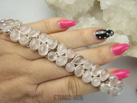 bb3890 Szeroka DWURZĘDOWA Duża 38 gramów !!! WSPANIAŁA Bransoleta Kwarc Różowy - kamień mocnego serca Srebro 925 #