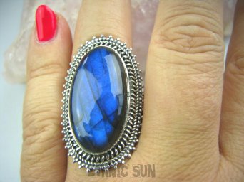 bpe5329 Długi CUDOWNY Orientalny Pierścień Labradoryt Spektrolit - kamień Zorzy Polarnej r.21/ r.22 Srebro 925 #