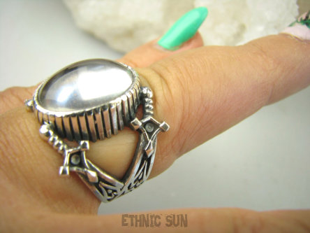 bpe8927 CZTERY MIECZE Piękny Egzotyczny OKAZ Pierścień Pierścionek Kryształ Górski r.17 Srebro 925 #