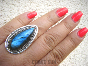 bpe9146 Czarodziejsko Piękny Długi 3.7 cm Orientalny Pierścień Pierścionek Labradoryt Spektrolit - kamień Zorzy Polarnej r.19 Srebro 925 #