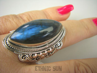 bpe6797 Piękny OKAZ - Duży Masywny 14 g! Pierścień Niebieski Labradoryt Spektrolit - kamień Zorzy Polarnej r.22 Srebro 925 #