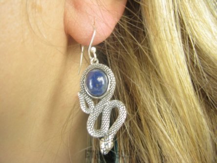 bke1240 AMULET Płodności i Mądrości Wąż - Długie 5cm CUDOWNE Kolczyki Lapis Lazuli Srebro 925