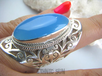 bpe4667 Cudowny, Ażurowy, Długi 4,1 cm Pierścień z Chalcedonem CHALCEDON - tarczyca (czakra gardła) r.17/ r.18 Lśniące kute Srebro 925 #