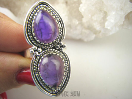 bpe8944 PIĘKNY OKAZ !!! Długi 4 cm Pierścień Pierścionek Fioletowy Ametyst - kamień mądrości r.14/ r.15 Srebro 925 #