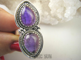 bpe8944 PIĘKNY OKAZ !!! Długi 4 cm Pierścień Pierścionek Fioletowy Ametyst - kamień mądrości r.14/ r.15 Srebro 925 #