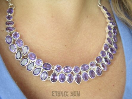 bn1612 LUX Piękny Duży 55g PODWÓJNY 46 sztuk kamieni AMETYSTU - KAMIENIA MĄDROŚCI, Niewiarygodnie piękna REGULOWANA DUŻA  Kolia Naszyjnik szlifowany Ametyst - kamień mądrości Srebro 925 #