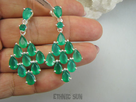 bkee1181 Eleganckie OSZAŁAMIAJĄCO piekne Długie 4.7 cm Kolczyki na sztyft Zielony Onyks Srebro 925