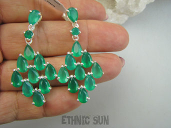 bkee1181 Eleganckie OSZAŁAMIAJĄCO piekne Długie 4.7 cm Kolczyki na sztyft Zielony Onyks Srebro 925