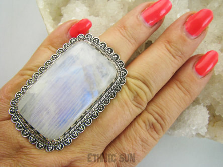 bpe9717 O mój Boże jaki piękny Magiczny GIGANT Okaz  AŻ 37G, Egzotyczny Pierścień Pierścionek Kamień Księżycowy regulowany r.17, r.18, r.19, r.20, r.21 Srebro 925 #