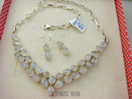 bn1597 Śliczny mieniący się barwami  Księżycowy Komplet Kolczyki + kolia 34 sztuk kamieni , 44 g !!! Regulowany Naszyjnik i Kolczyki Kamień Księżycowy Srebro 925 #