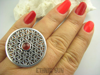 bpe3519 Duży Pierścień KWIAT ŻYCIA - SILNY AMULET OCHRONNY !!!! Ażurowy ORIENTALNY Pierścień Karneol  r.17 SREBRO 925 #