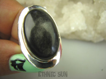 bpe8277 Cudowny Pierścionek Pierścień OBSYDIAN CZARNY - chroni przed zawiścią, „złym spojrzeniem” i przed pechem r.18 Srebro 925 #