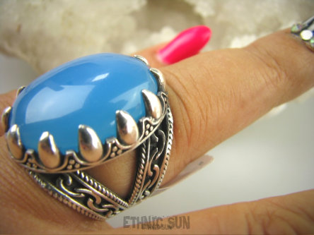 bpe6248 DRAPIEŻNY PAZUR ! Egzotyczny Pierścień Niebieski Chalcedon ( tarczyca ) czakra gardła r.18 Srebro 925 #