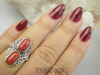 bpe9648 Rzadkość Magnetyzujący Talizman przyciąga Szczęscie i Sukces !! Egzotyczny Pierścień Pierścionek Wysadzany naturalnymi Koralami r.16 Koral Srebro 925 #