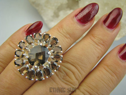 bpee4572 Lśniący Okaz Pierścień Pierścionek szlifowany czekoladowy Kwarc Dymny Regulowany r.13, r.14, r.15, r.16 Srebro 925 #