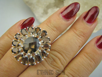 bpee4572 Lśniący Okaz Pierścień Pierścionek szlifowany czekoladowy Kwarc Dymny Regulowany r.13, r.14, r.15, r.16 Srebro 925 #