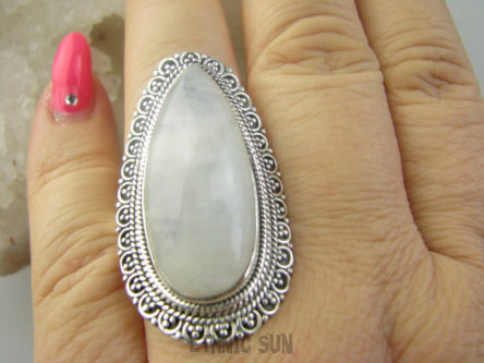 bpe9471 Biżuteria Orientalna !!! Długi 4 cm Egzotyczny Pierścień Pierścionek Kamień Księżycowy r.22 Srebro 925 #