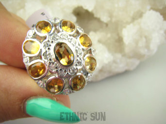 bpee4287 Lśniąca Kopuła Piękny Pierścień Pierścionek złociste  Cytryny, Cytryn oraz Cyrkonie r.17 SREBRO RODOWANE 925 #