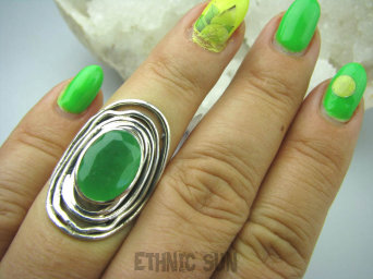 bpee3294 AŻUROWY CUDOWNY Piękny Pierścień z zielonym Jadeitem w obręczach Zielony JADEIT r.14/r.15 Srebro 925 #