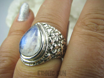 bpe5962 Biżuteria Egzotyczna - Przeświecająca Kropla !! Piękny Pierścień Wielobarwny Kamień Księżycowy r.15/ r.16 Srebro 925 #