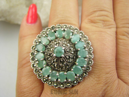 bpee4593 SZMARAGDOWA KRÓLOWA  Woooo CACKO Lśniąca Kopuła Piękny UNIKAT Duży 19g !! Pierścień Pierścionek Szmaragdy Birmańskie oraz Szwajcarskie Markazyty Szmaragd r.18/ r.19 SREBRO 925 #