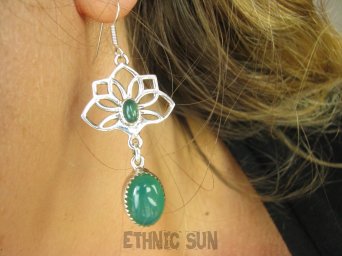 bke1172 Długie 6cm lekkie cudowne ażurowe kolczyki Kwiat Lotosu - talizman wiecznej młodości !!! Tak piękne Zielony Onyks SREBRO 925