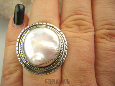 bpee3952 Wielka I Bosko Piękna  PERŁA BIWA CUDO Elegancki Pierścień Pierścionek z niesamowitą DUŻA opalizująca perła r.15 Srebro 925 #