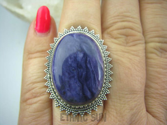 bpe5717 Unikatowy Duży PIERŚCIEŃ Z CZAROITEM  DROGOCENNY RZADKI CZAROIT - kamień jasnowidzów r.16 Srebro 925 #