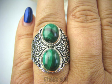 bpe5928 Biżuteria Egzotyczna !!! Pierścień Zielony MALACHIT - pobudza kreatywność r.20/ r.21 Srebro 925 #
