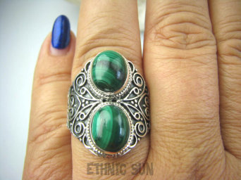 bpe5928 Biżuteria Egzotyczna !!! Pierścień Zielony MALACHIT - pobudza kreatywność r.20/ r.21 Srebro 925 #