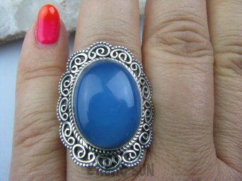 bpe4661 Piękny Błękitno - Niebieski CHALCEDON (TARCZYCA) Egzotyczny Pierścień r.18 Srebro 925 czakra gardła #