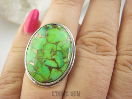 bpe9368 Śliczny UNIKAT !!!! Pierścień Pierścionek intensywnie zielony TURKUS MIEDZIANY MIEDZIOWY r.14 Srebro 925 #