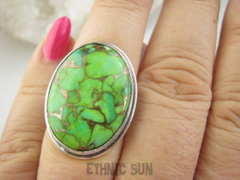 bpe9368 Śliczny UNIKAT !!!! Pierścień Pierścionek intensywnie zielony TURKUS MIEDZIANY MIEDZIOWY r.14 Srebro 925 #