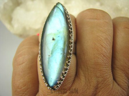 bpe7786  MEGA BLASK piękny Długi 4.2 cm  Egzotyczny  Pierścień Labradoryt Spektrolit - kamień Zorzy Polarnej r.16 Srebro 925 #