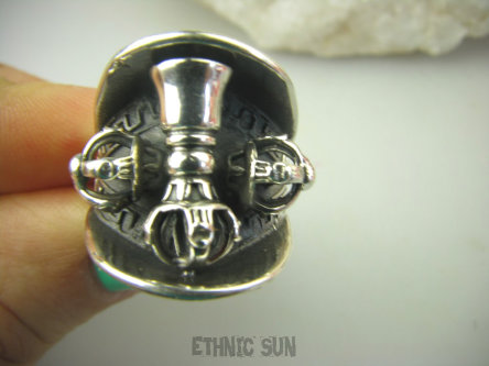 bpe8868 Pierścień do OCHRONY modlitwy oraz zdobienia Obracający się Młynek Modlitewny MASYWNY Pierścień Pierścionek ze srebra Amulet DORJE MODLITEWNIK r.19 Srebro 925 #