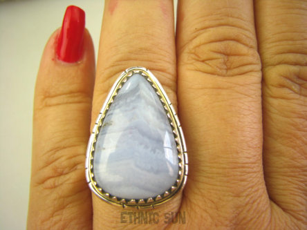 bpe8007 Fioletowo-niebieski Pierścień KORONKOWY AGAT BLUE LACE kamień spokoju i pozytywnego myślenia idealny na STRES, CHOROBY OCZU, USZU UKOJENIE DUSZY r.20 Srebro 925 #