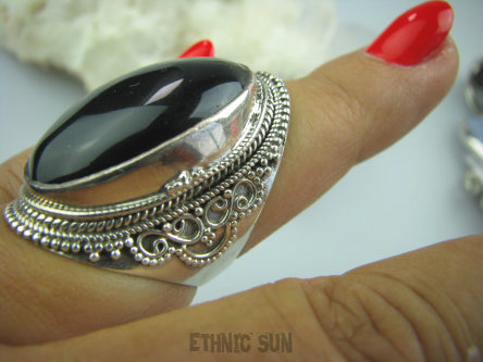 bpe5005 BIŻUTERIA ORIENTALNA !!!!  KONKRETNY  masywny  Długi 3.5 cm PIERŚCIEŃ Czarny ONYKS  regeneruje SERCE, EGZEMY, PAMIĘĆ r.15/r.16 Srebro 925 #