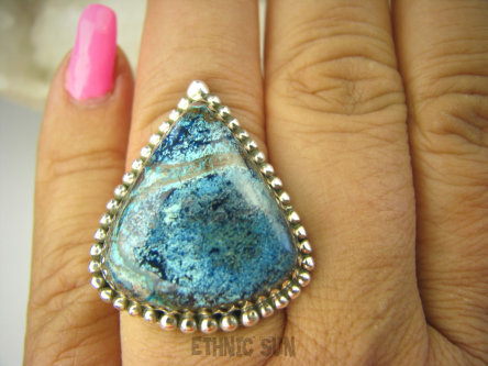 bpe7993 Cudowne Barwy - Rzadkość Pierścień naturalny Niebiesko Błękitny AZURYT r.16 Srebro 925 #