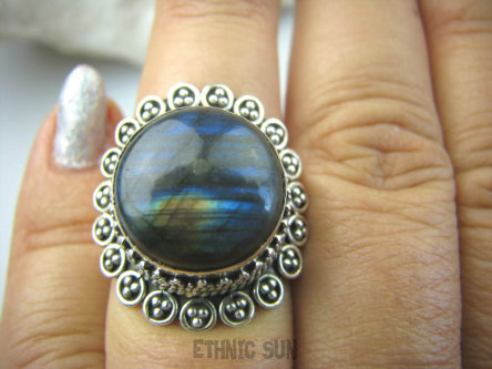 bpe5941 Czarodziejsko Piękny ZACHÓD SŁOŃCA Orientalny Pierścień Granatowy Labradoryt Spektrolit - kamień Zorzy Polarnej r.15 Srebro 925 #
