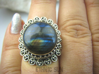 bpe5941 Czarodziejsko Piękny ZACHÓD SŁOŃCA Orientalny Pierścień Granatowy Labradoryt Spektrolit - kamień Zorzy Polarnej r.15 Srebro 925 #