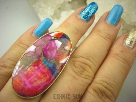 bpe8540 Boski Wielobarwny OKAZ 4.2 cm / 2.2 cm Pierścień Pierścionek OSTRYGOWY TURKUS MIEDZIANY Mojave OSTRYGA Muszla złota MIEDZ r.15 Srebro 925 #